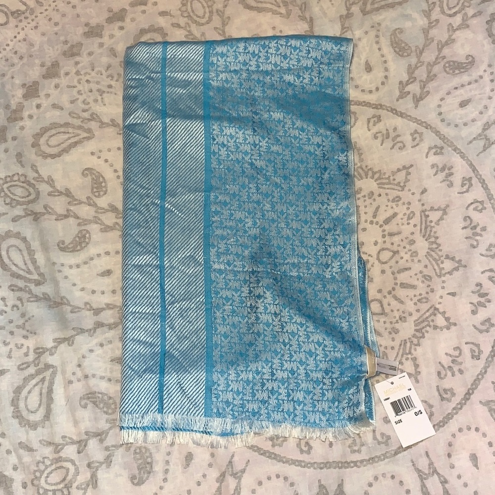 NWT Michael Kors Blue Tur Monogram Scarf 24” x 80”